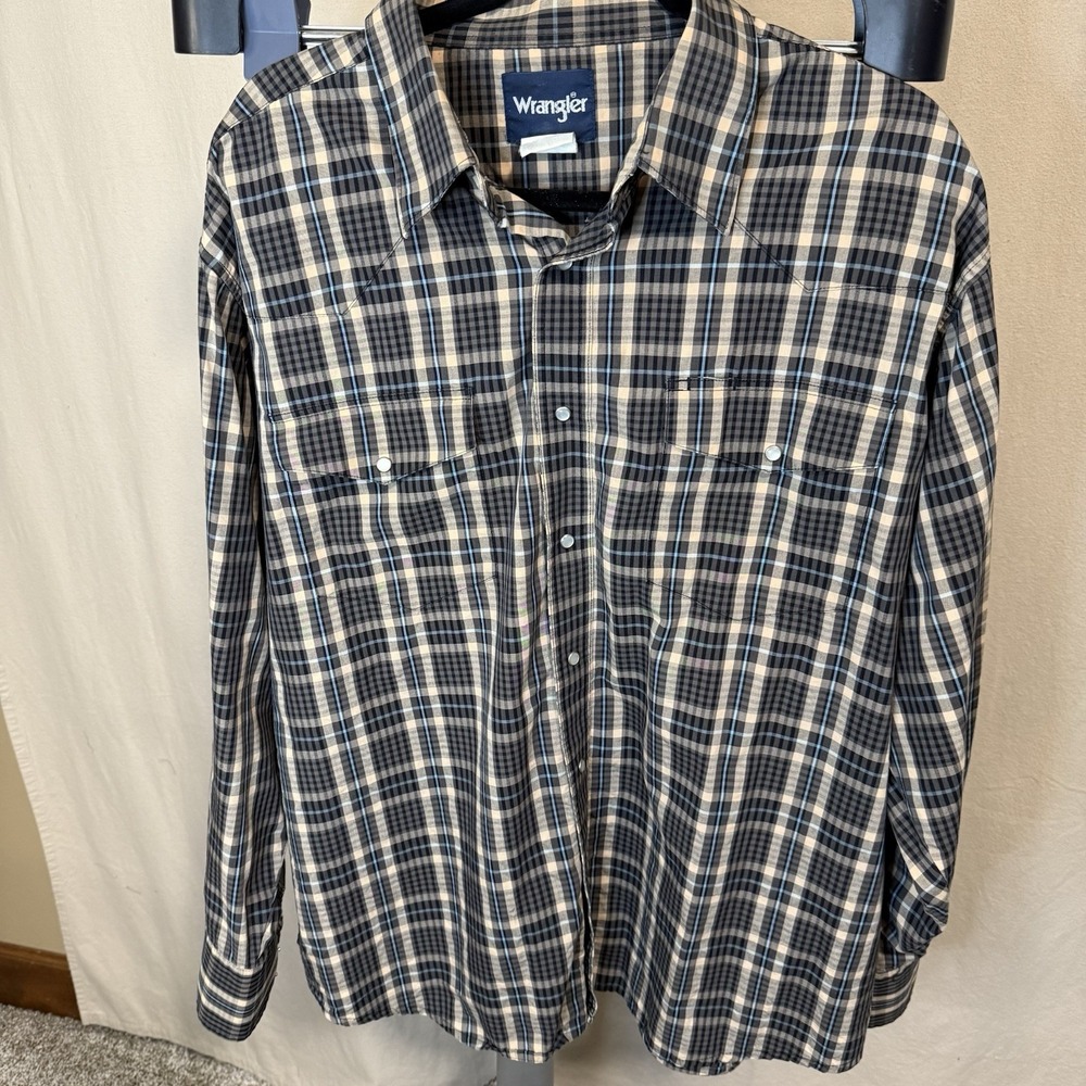 Wrangler Shirt Mens 2XL Black Plaid Long Sleeve Cotton Pearl Snap Button Down